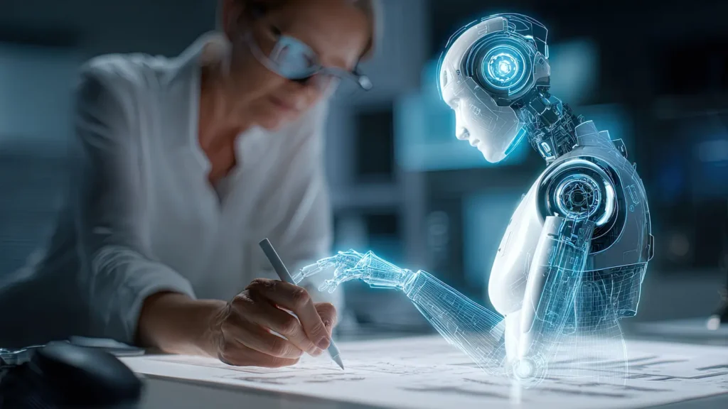 AI for administrative assistants shows a woman writing with a pen while a robot guides her hand