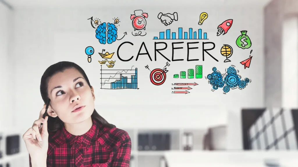 Evolve with Career Growth and Professional Development - image shows young woman looking up to a drawing of "career" and various career related icons