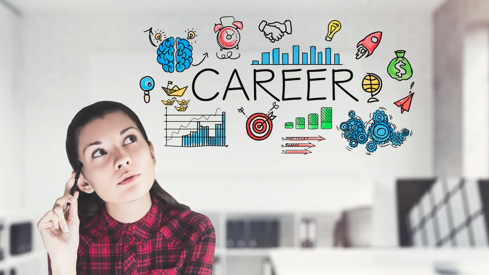 Evolve with Career Growth and Professional Development - image shows young woman looking up to a drawing of "career" and various career related icons