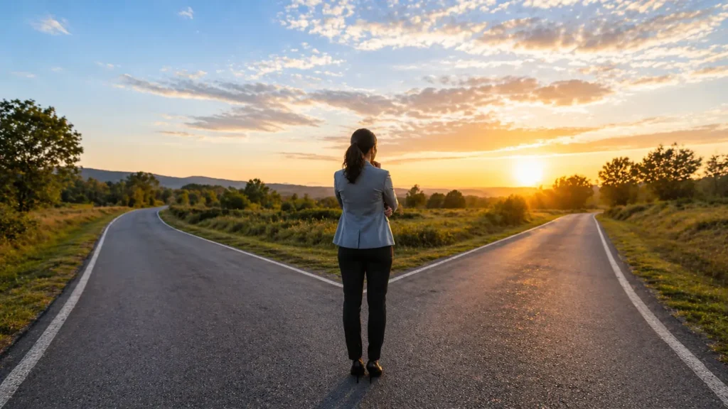 Professional woman standing at a fork in the road at sunset, symbolizing career decisions and growth