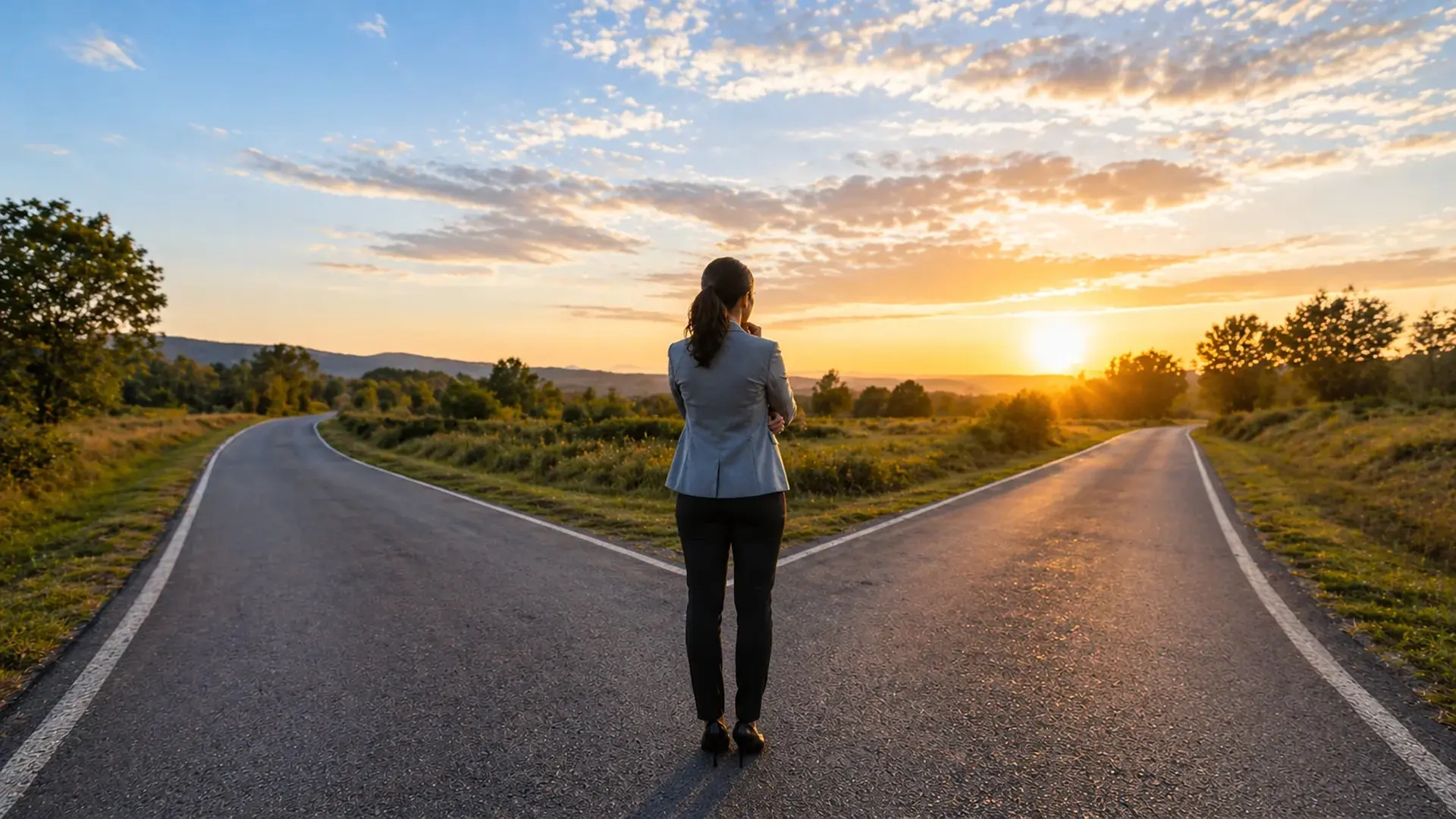 Professional woman standing at a fork in the road at sunset, symbolizing career decisions and growth